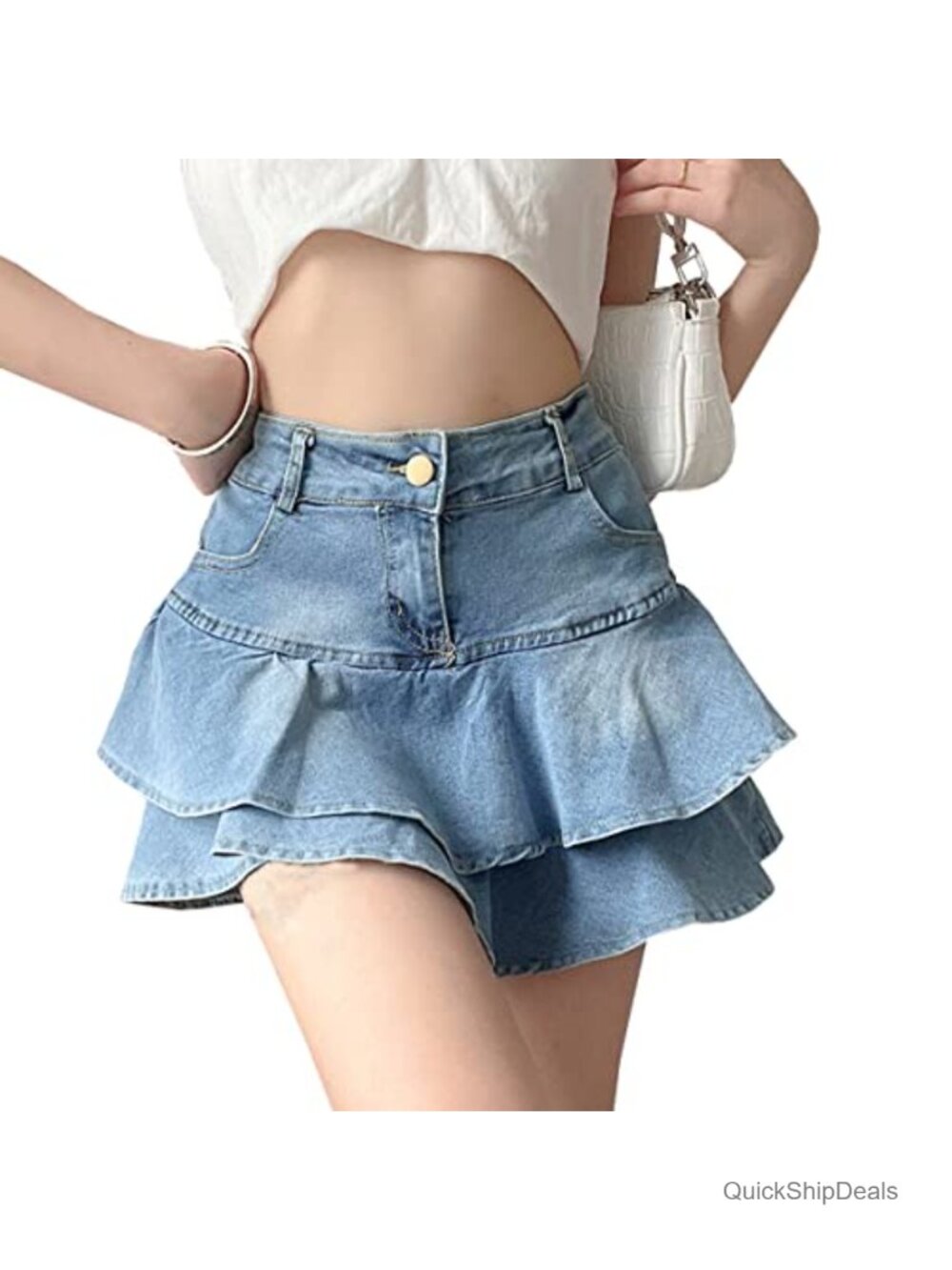 High Waisted Ruffle Mini Jean Skirt with Shorts Y2K Skater Skirt